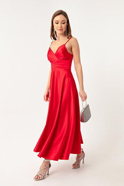 Lafaba Kadın Kırmızı Ip Askılı Bel Kemerli Saten Midi Abiye & Mezuniyet Elbisesi
