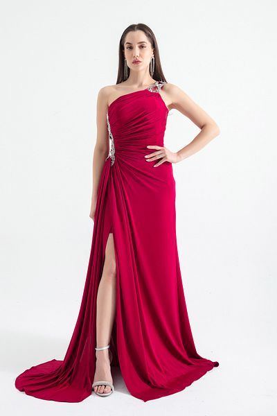 Lafaba Women's Burgundy One Shoulder Jewelled Long Evening Dress