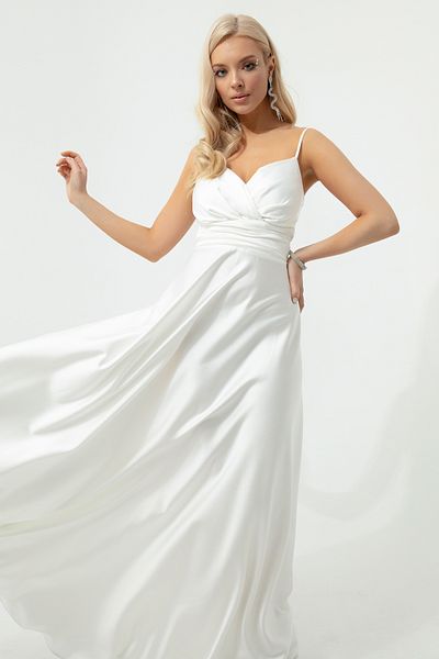 Lafaba Langes Abendkleid und Abschlusskleid aus Ecru-Satin mit Seilriemen und Taillengürtel für Damen