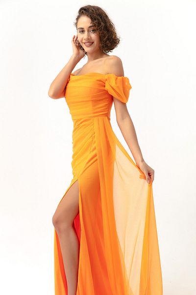Lafaba Damen-Abendkleid in Orange mit U-Boot-Ausschnitt, drapiertem Schlitz, langes Glitzer-Abendkleid