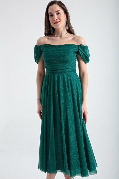 Lafaba Kadın Zümrüt Yeşili Kayık Yaka Drapeli Midi Kloş Abiye Elbise