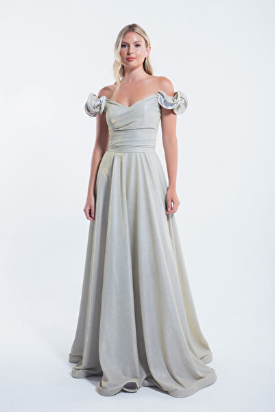 Lafaba Třpytivé volánové zlaté dlouhé dámské večerní šaty