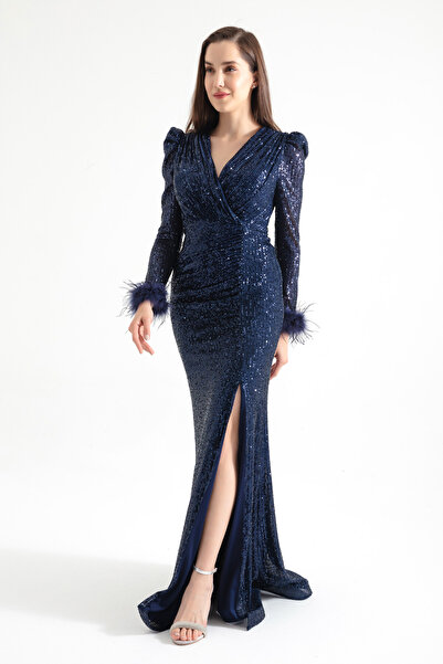 Lafaba Női sötétkék duplasoros galléros flitteres hosszú estélyi ruha