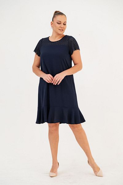 EVEN plus size Navy Blue Large Size Dress with Lace on the Shoulder