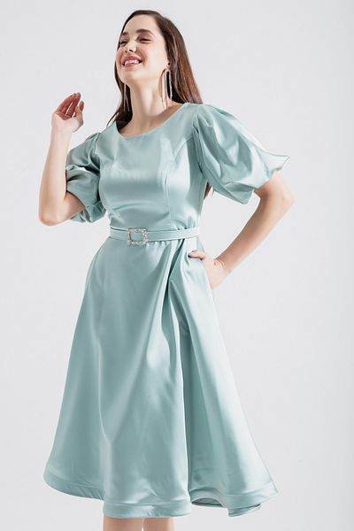OFZE Women's Mint Green Balloon Sleeve Jewelled Belted Mini Satin Evening Dress