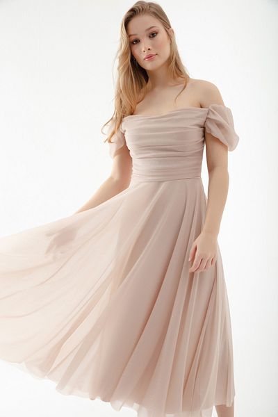 Lafaba Beiges, drapiertes Midi-Abendkleid mit U-Boot-Ausschnitt für Damen