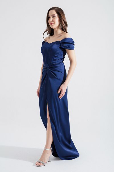 Lafaba Marineblaues langes Abendkleid aus Satin mit Bügel und Korsett für Damen
