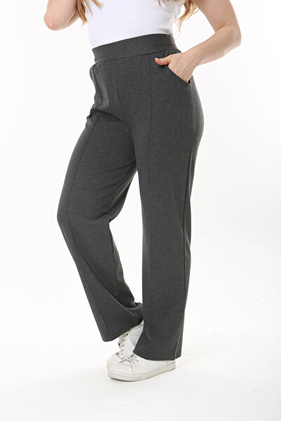 Şans Dámské kalhoty s postranními kapsami s lycrou, uzené, železné s potiskem trávy, velké velikosti 65N37564