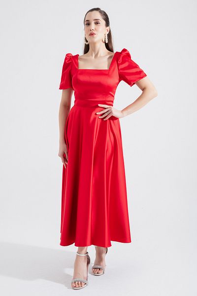 Lafaba Women's Red Square Collar Balloon Sleeve Midi Evening Dress