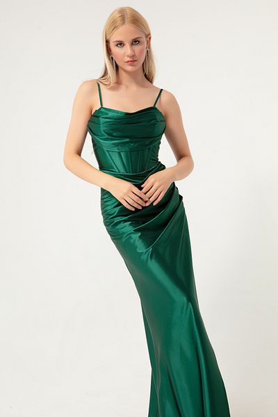 Lafaba Women's Emerald Green Underwire Corset Detailed Slit Long Evening Dress