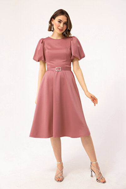 Lafaba Dámské mini saténové saténové šaty s balonovým rukávem s kamenným páskem