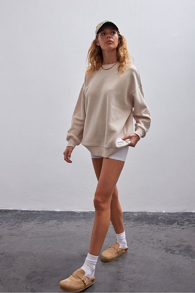 Bases Γυναικείο φούτερ σε μπεζ Basic Crew Neck Oversize με Fleece στο εσωτερικό