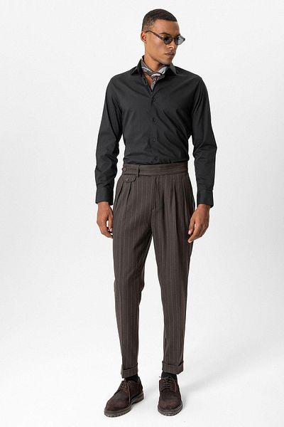 Antioch Brown High Waist Pleated Striped Men's Trousers