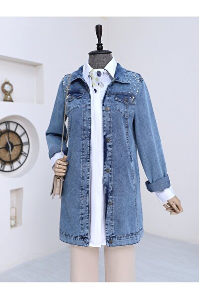 HİJABAYA Taş İşlemeli Yıkamalı Kot Ceket