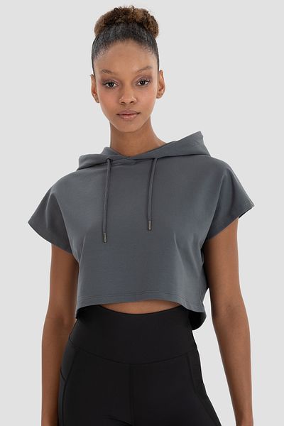 Superstacy Alice Hooded Short Sleeve Smoked Crop Sweatshirt