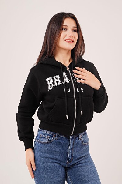 Hipo Trend سويت شيرت أسود من القطن بسحاب داخلي مطبوع من البرازيل