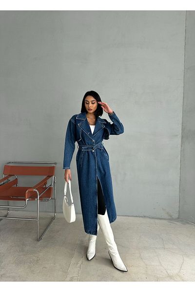 Zeo Basic Dark Blue Zeo Basic Denim Trench Coat and Overcoat