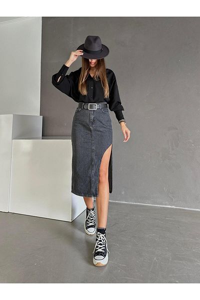mydukkan.co Fusta de denim cu tăietură asimetrică, afumată
