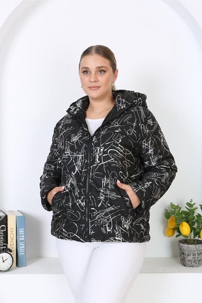 Şans Women's Large Size Black Removable Hooded Lacquer Printed Jacket with Pockets 65N38339