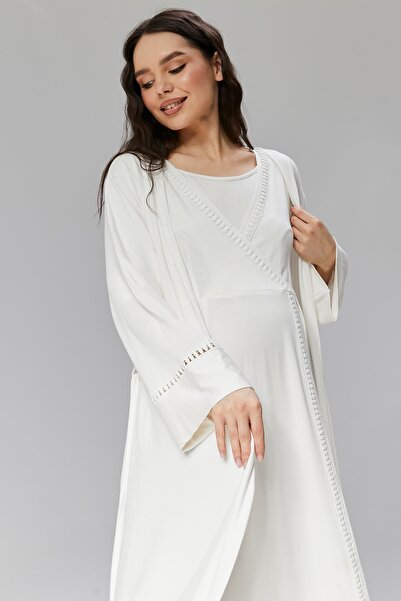 Rimel Homewear Ekru Şerit Dantel Detaylı Sabahlıklı Lohusa Gecelik Takımı