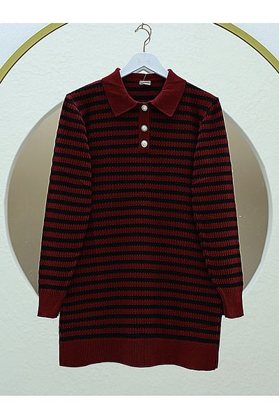 Modamorfo Pulover din tricot cu nasturi cu gât polo -visiniu