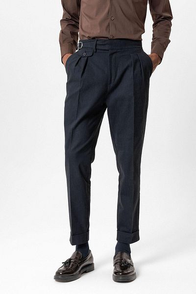 Antioch Navy Blue Buckle Detailed High Waist Men's Trousers