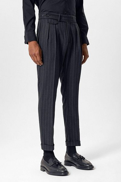 Antioch Navy Blue High Waist Pleated Striped Men's Trousers