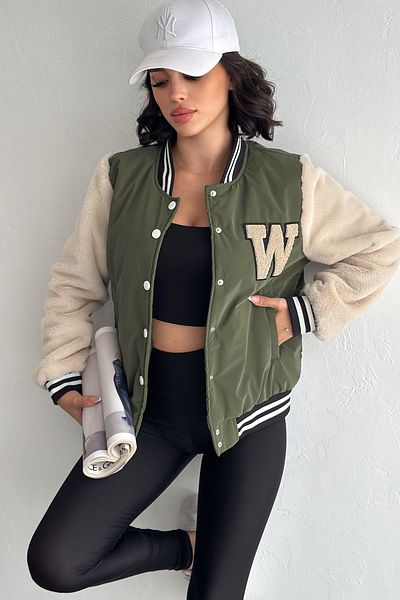 FEMELLE Women's Khaki Sleeves Furry College Jacket with Snap Buttons and Pockets