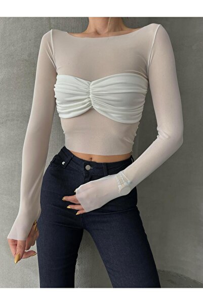 mydukkan.co بلوزة مالينا بأكمام طويلة من التول باللون الأبيض