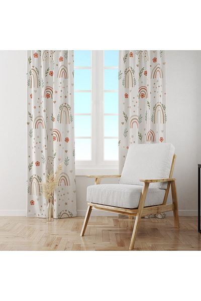 Evmila Rainbow Patterned Printed Baby Kids Living and Bedroom Background Curtain White