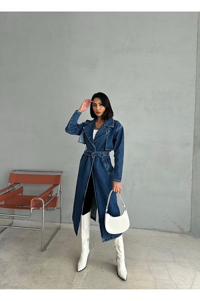 Zeo Basic Dark Blue Zeo Basic Denim Trench Coat and Overcoat