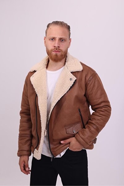 FAMODA Erkek Taba Suni Kürk Detaylı Deri Mont -FN204430