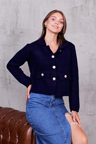 ZEYWEAR Gold Buttoned Ornamental Pocket Knitwear Jacket Cardigan