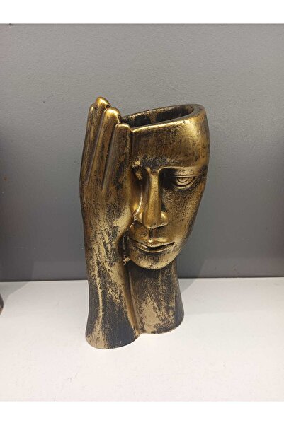 Peramari Dekoratif Polyester Tekli Kadın Yüzlü Saksı Vazo Gold Eskitme