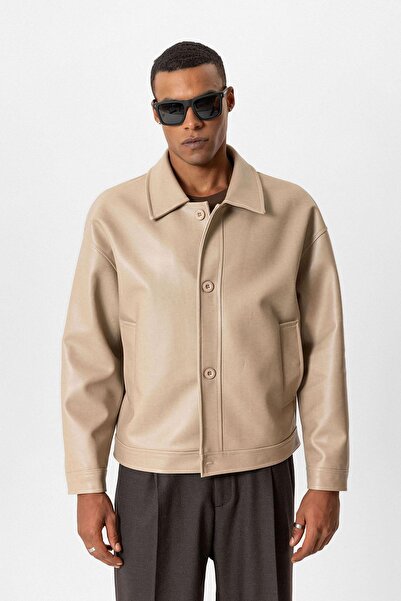 Antioch Beige Oversize Faux Leather Men's Coat