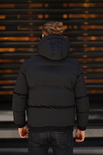 FAMODA Erkek Siyah Kapüşonlu Suya Dayanıklı Kışlık Mont & Kaban