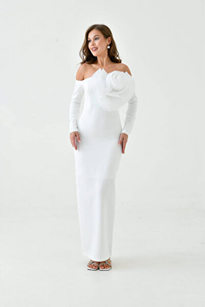 Neşeli Butik γυναικείο μακρύ βραδινό φόρεμα με λεπτομέρεια τριαντάφυλλου NBS9364