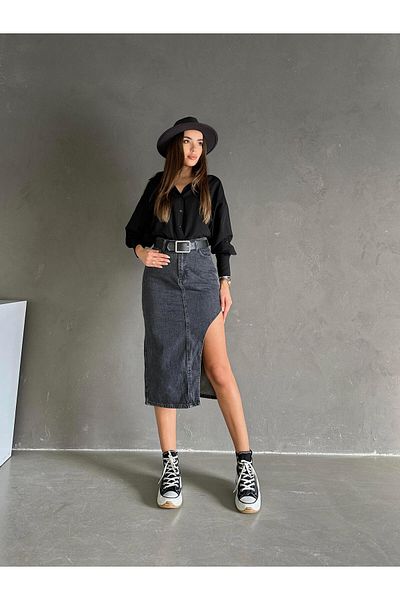 mydukkan.co Fusta de denim cu tăietură asimetrică, afumată