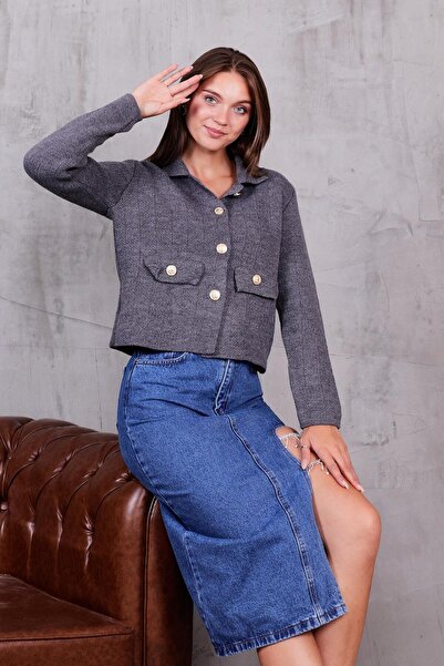 ZEYWEAR Gold Buttoned Ornamental Pocket Knitwear Jacket Cardigan