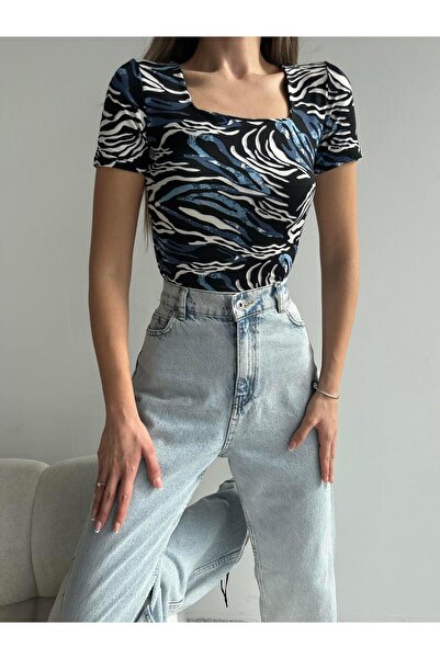 mydukkan.co Blue Print Square Neck Short Sleeve Blouse - Marbled