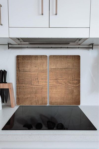 Saban 2' 30X52 cm Dark Wood Patterned Glass Stove Protector