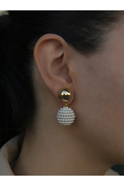 Jerie Gold Özel Seri Topçuk Plaka Detaylı Vintage İnci Sallantılı Küpe
