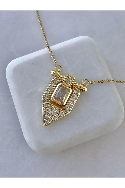 Jerie Gold Geometric Prong Baguette Stone Steel Necklace