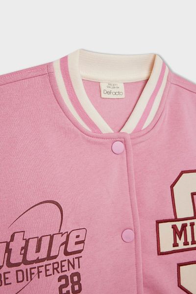 DeFacto Girl's Soft Feather Bomber Cardigan - College Collar, Printed, Snap Closure D2625A824Au