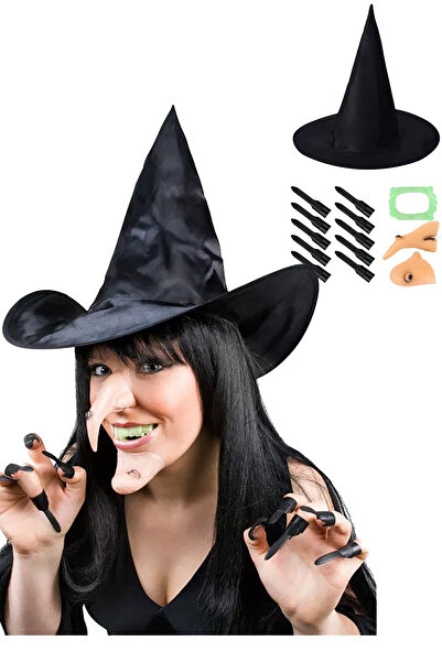 Parti dolabı 5li Halloween Cadı Şapkası Seti (Siyah Şapka+Burun+Çene+Tırnak+Diş) Cadılar Bayramı Kostüm