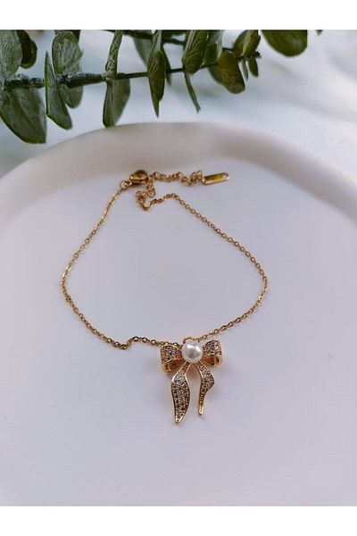 Jerie Steel Anklet - Gold Pearl Zircon Stone Bow