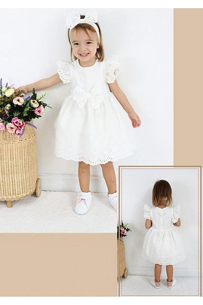 Minigimin Cicileri Embroidery Baby Girl Dress - My Little Flowers Flower Embroidery, Bow Detail - Cream