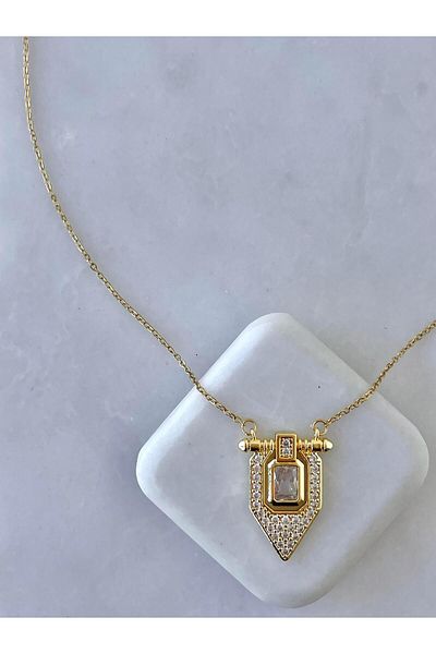 Jerie Gold Geometric Prong Baguette Stone Steel Necklace