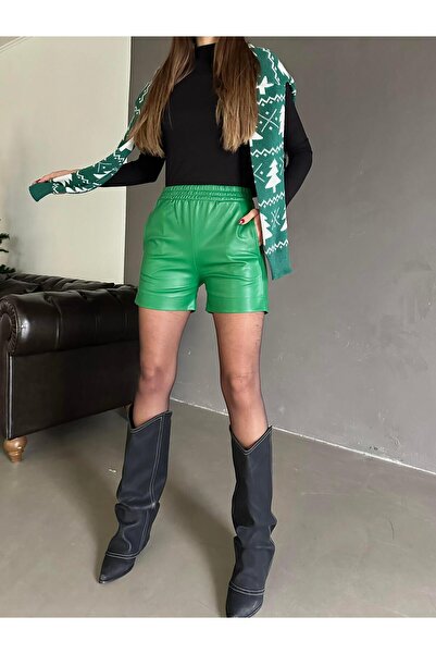 mydukkan.co شورت جلدي مطاطي بخصر أخضر داكن