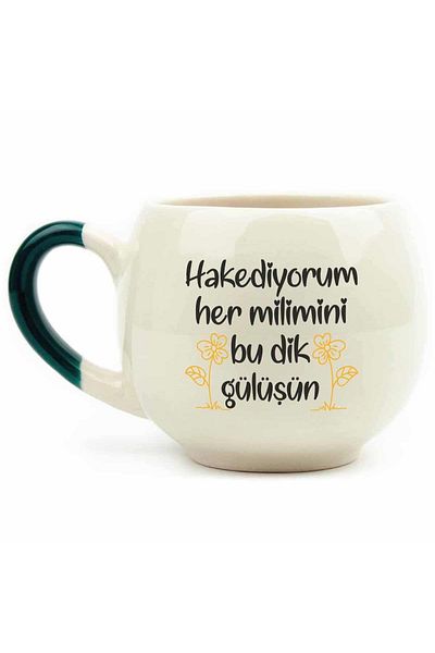 PALTO TASARIM Shiny Cream Colored I Worth Upright Smile Balloon Mug - Green Handle Gift Ceramic Mug